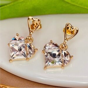 Anthropologie Gold Heart Crystal Dangle Drop Earrings